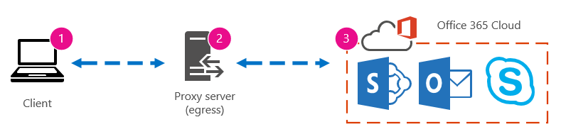 클라이언트, 프록시 및 Office 365 클라우드를 보여 주는 기본 네트워크 그래픽입니다.