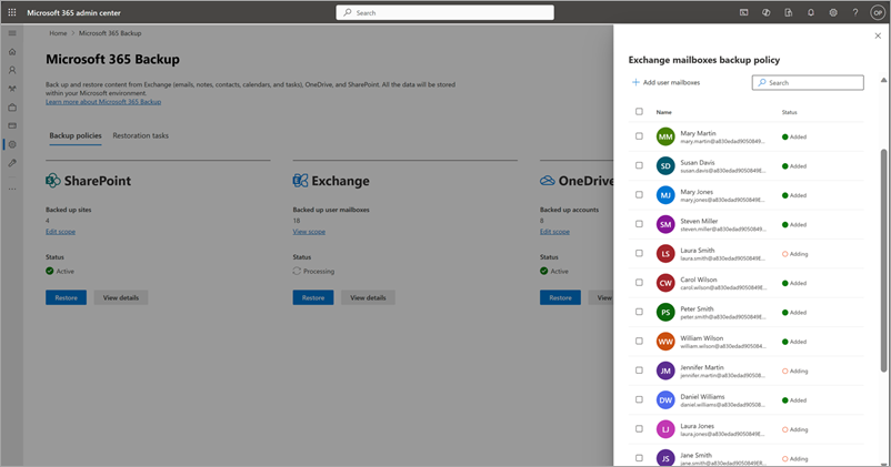 Microsoft 365 관리 센터 기존 Exchange 백업 정책에 사서함을 추가하는 방법을 보여 주는 스크린샷