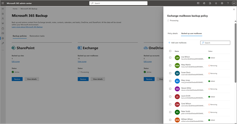 Microsoft 365 관리 센터 업데이트된 Exchange 사서함 백업 정책 패널의 스크린샷