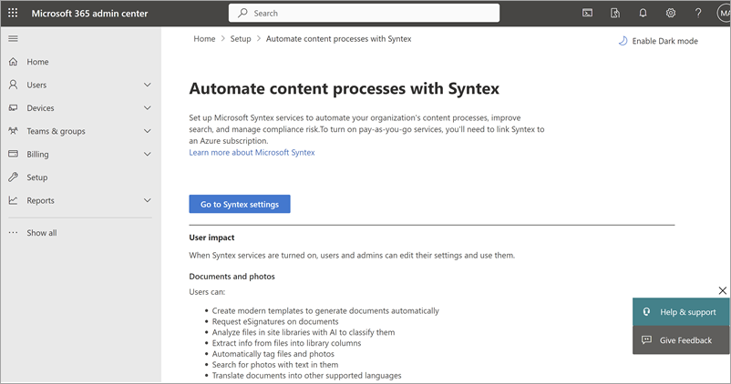 Microsoft 365 관리 센터 청구 설정 옵션의 스크린샷