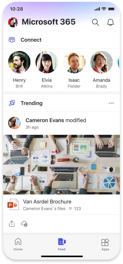 Microsoft 365 Mobile의 Microsoft 피드 스크린샷