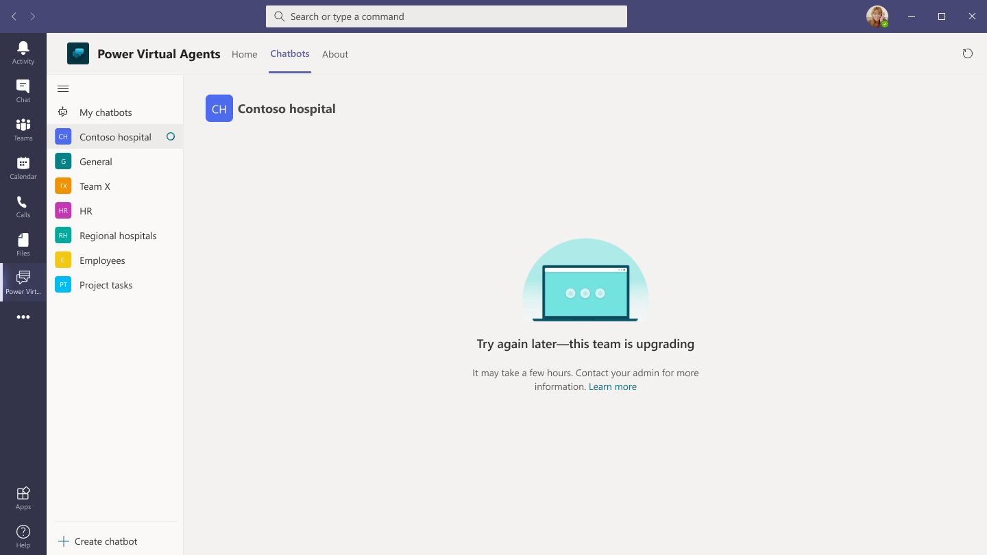 나중에 다시 시도 메시지가 있는 Teams의 Power Virtual Agent 앱 스크린샷 - 이 팀은 업그레이드 중입니다.