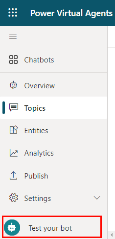 봇 테스트 버튼이 강조 표시된 Copilot Studio 왼쪽 패널의 스크린샷.