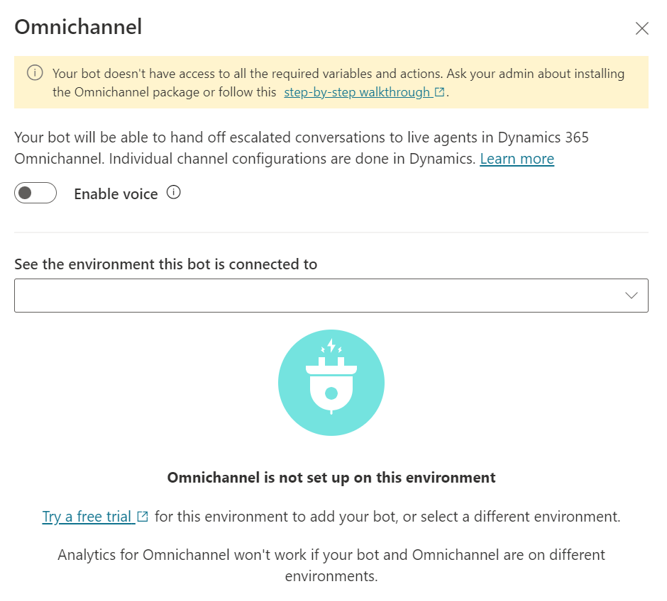 이 환경에서 Dynamics 365 Customer Service를 설정하지 않았다는 메시지입니다.