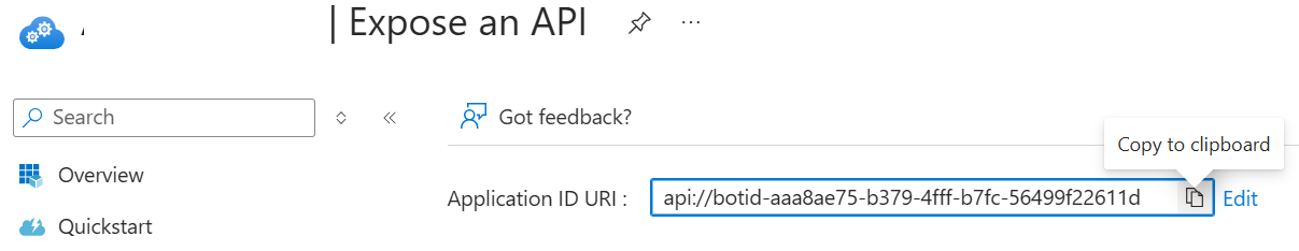 Azure Portal에서 애플리케이션 ID URI를 찾을 수 있는 위치의 스크린샷.