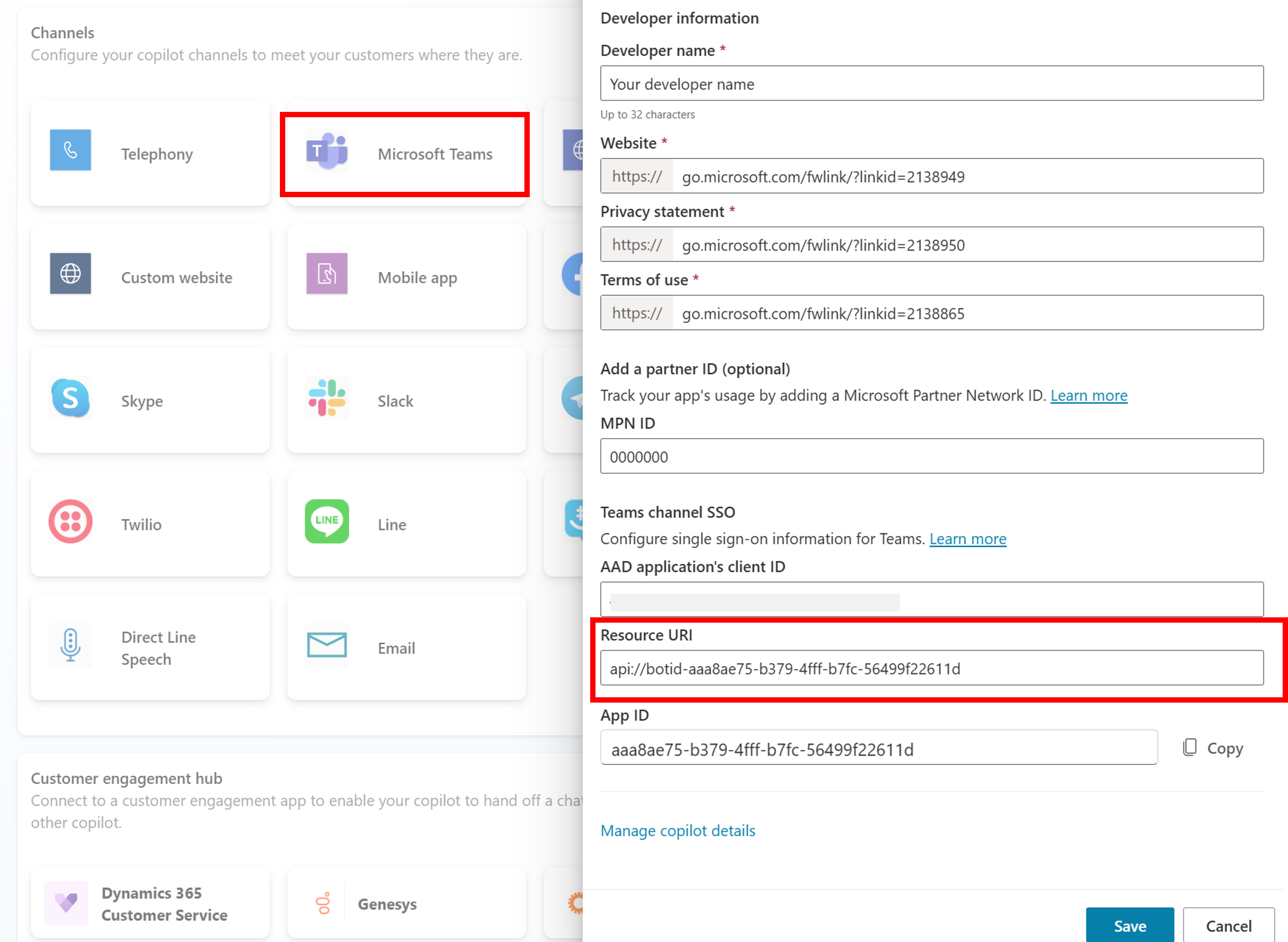  Copilot Studio팀 채널에서 애플리케이션 ID URI를 붙여넣을 위치의 스크린샷입니다.