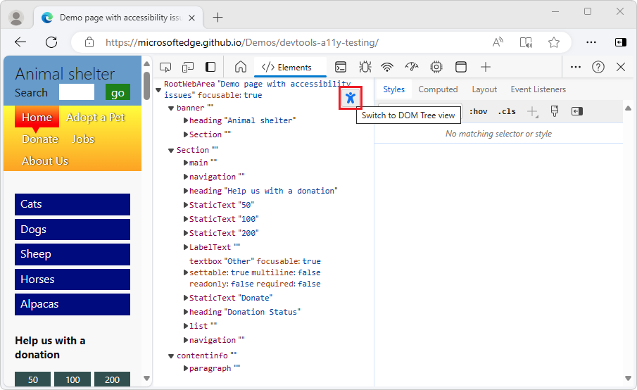 The Accessibility Tree view in the Elements tool