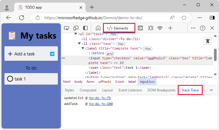 The Stack Trace tab in the Elements tool