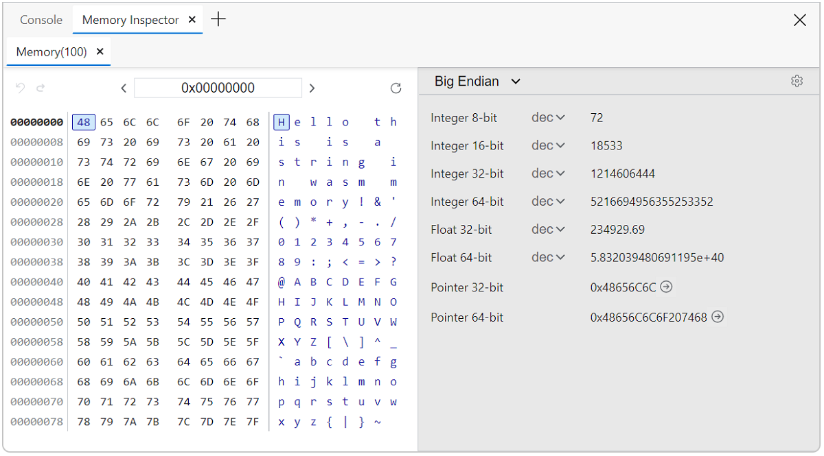 Memory Inspector panel Wasm