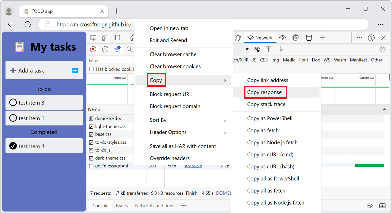 Selecting 'Copy Response'