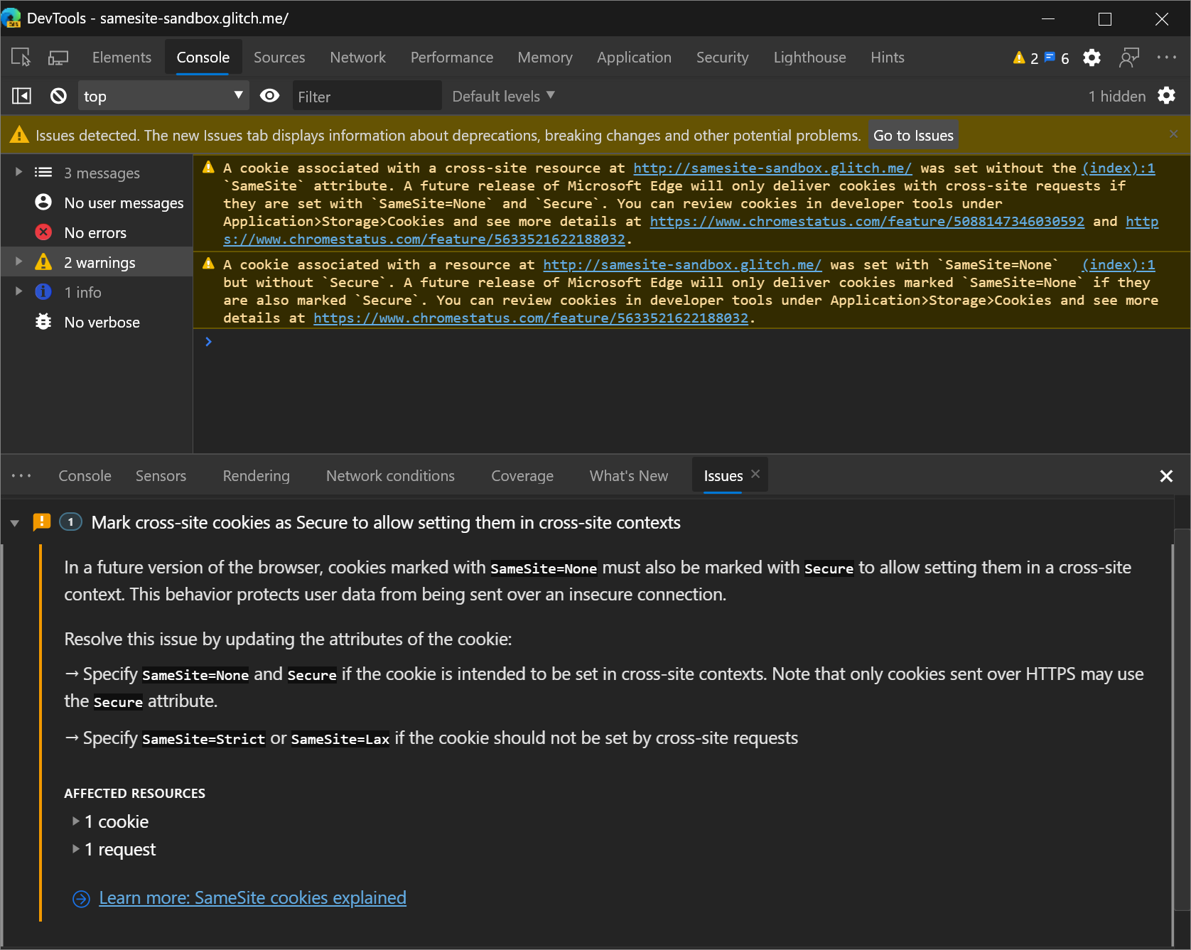 The Issues tool in the DevTools Drawer