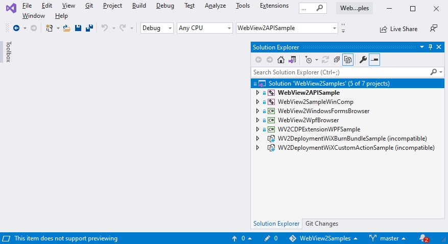 Solution Explorer for the WebView2Samples repo, showing the WebView2 samples as projects