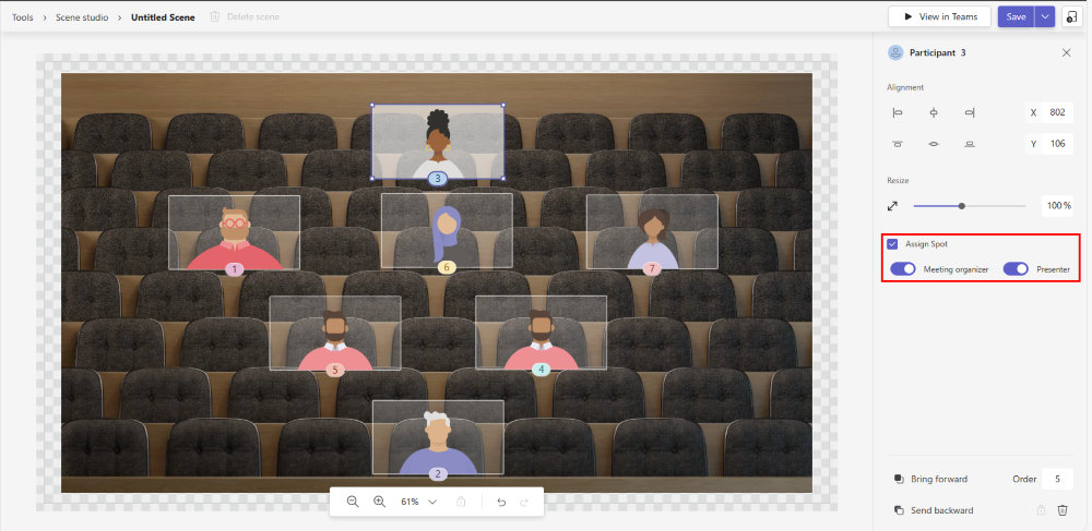 Screenshot shows the assign spot check box for the participant 3 in scene studio.