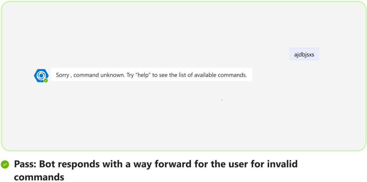 Graphic shows an example of bot providing a way forward for an invalid command.