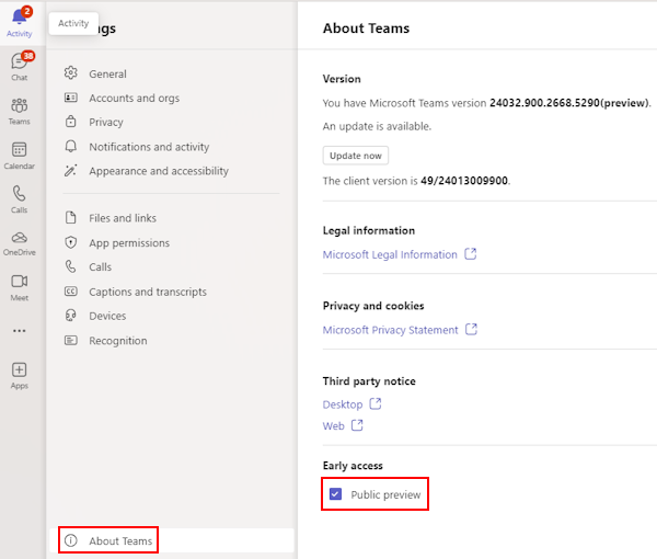 Screenshot shows the Public preview checkbox option in About Teams section in Teams settings.