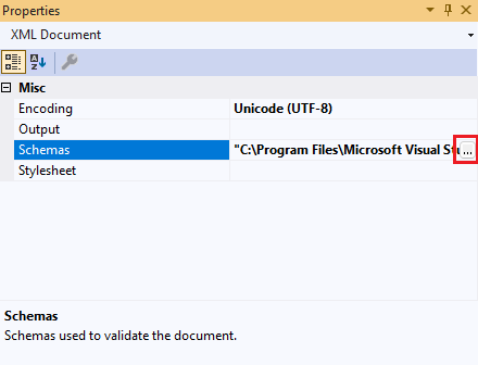 Properties window showing the XML document properties.