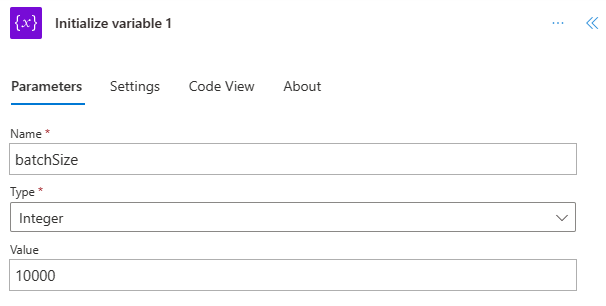 The completed 'Initialize variable' step for the 'batchSize'.