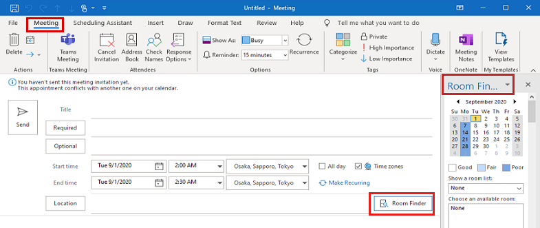 Microsoft 365의 모임 보기에서 회의실 찾기 기능을 보여 주는 스크린샷.