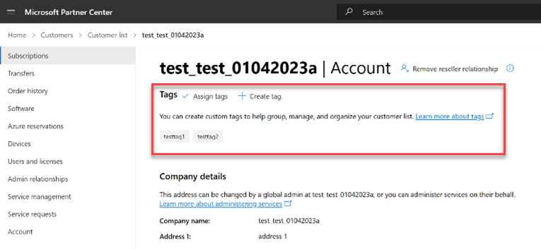 파트너 센터의 개별 고객 페이지에서 고객 태그를 할당하는 스크린샷