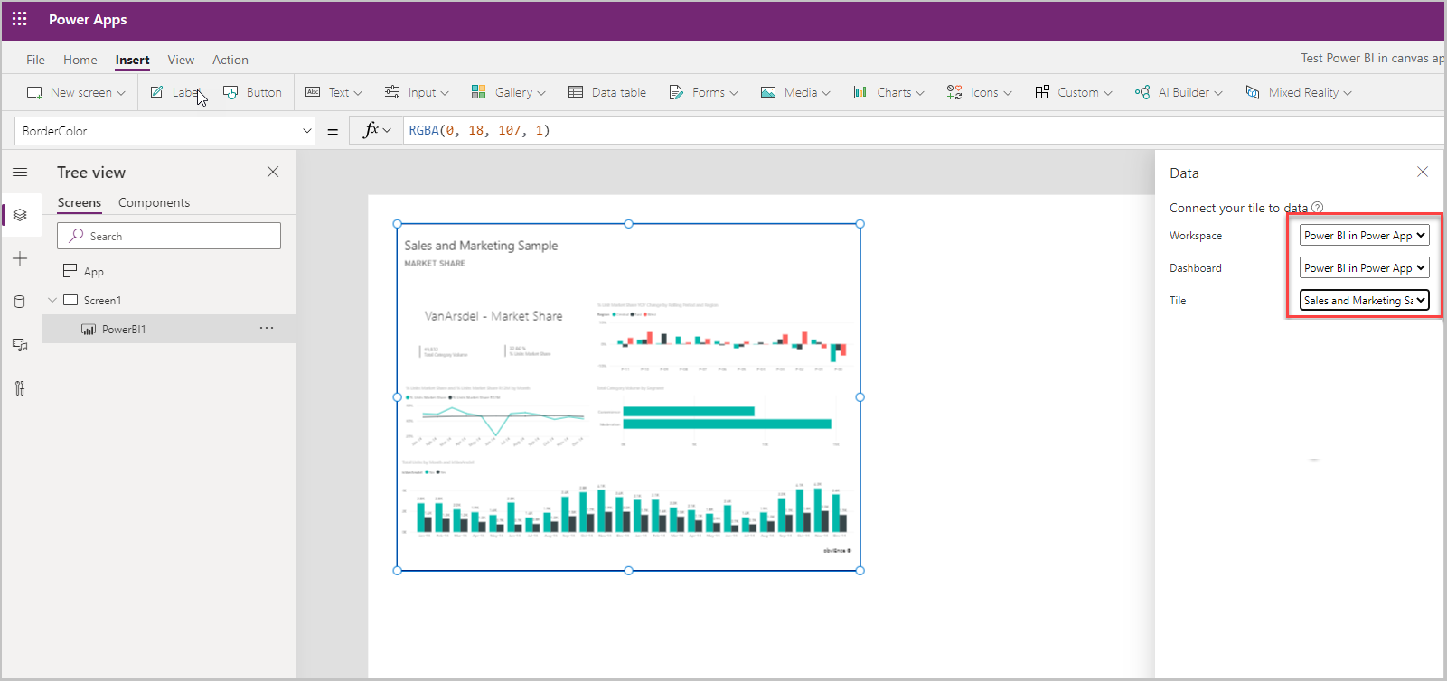 Power BI 타일이 캔버스 앱에 추가됨