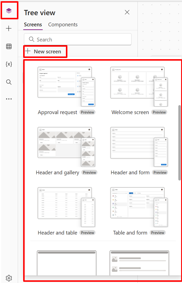 사용 가능한 레이아웃을 보여주는 Power Apps Studio의 새 화면 메뉴 스크린샷.