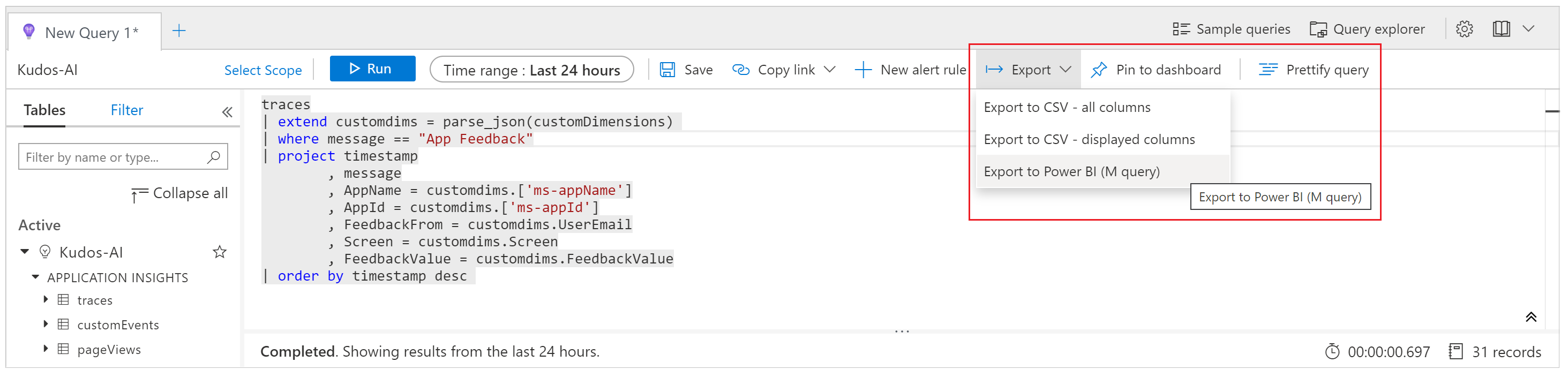 Power BI 쿼리 내보내기.