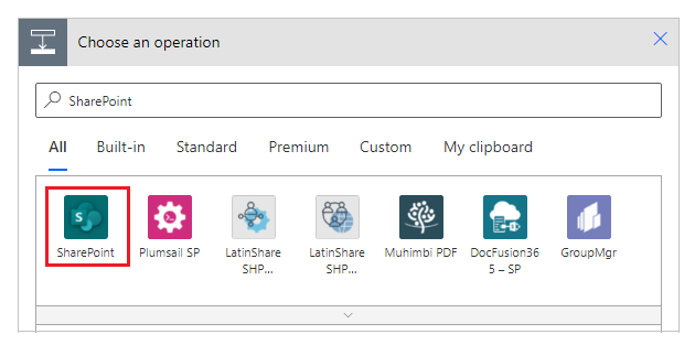 SharePoint 커넥터 검색 또는 선택