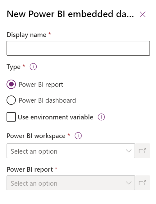 새 대시보드 Power BI Embedded 패널.