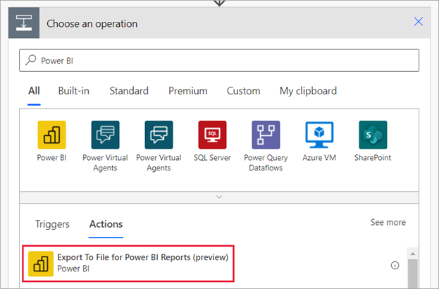 작업 선택을 위한 Power Automate 대화 상자를 보여 주는 스크린샷. Power BI 보고서용 파일로 내보내기가 강조 표시됩니다.