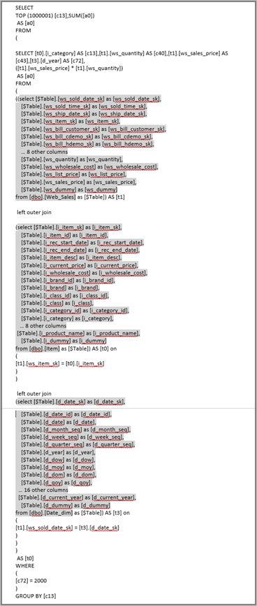 각 모델 테이블에 하나씩 포함된 하위 쿼리를 보여 주는 T-SQL 쿼리의 스크린샷.