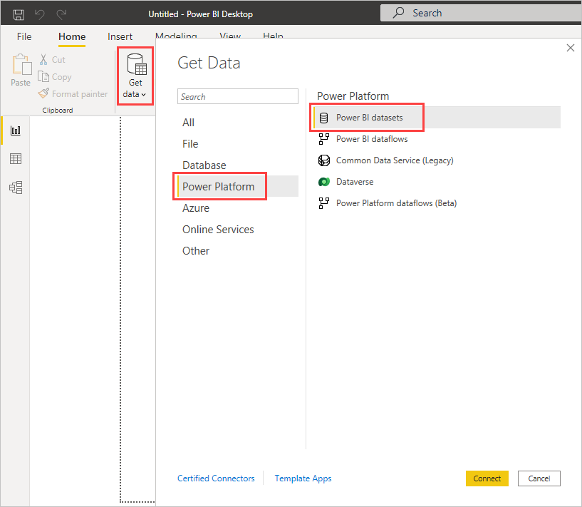 Power BI Desktop 데이터 가져오기 화면에서 Power BI 의미 체계 모델 선택을 보여 주는 스크린샷.