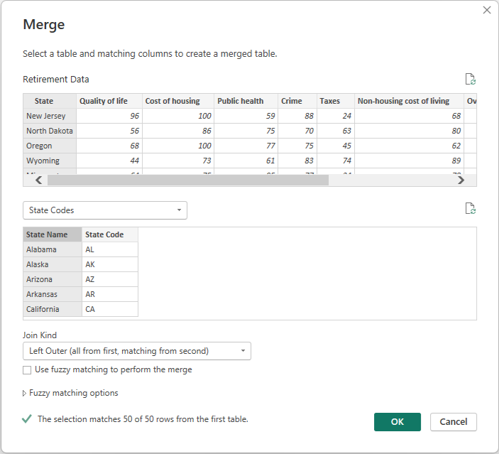 Power Query 편집기 병합 대화 상자의 스크린샷