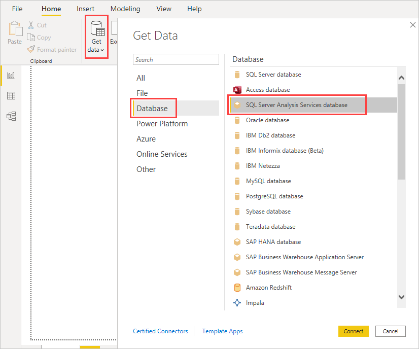 SQL Server Analysis Services 데이터베이스가 선택된 Power BI Desktop의 데이터 가져오기 대화 상자 스크린샷 