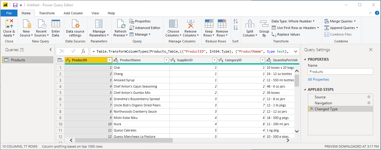 Power Query 편집기를 보여 주는 스크린샷.