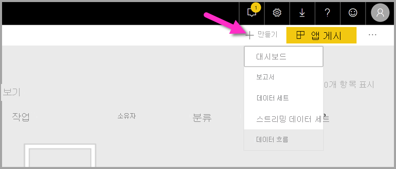 만들기, 대시보드를 차례로 선택한 Power BI 작업 영역을 보여 주는 스크린샷.