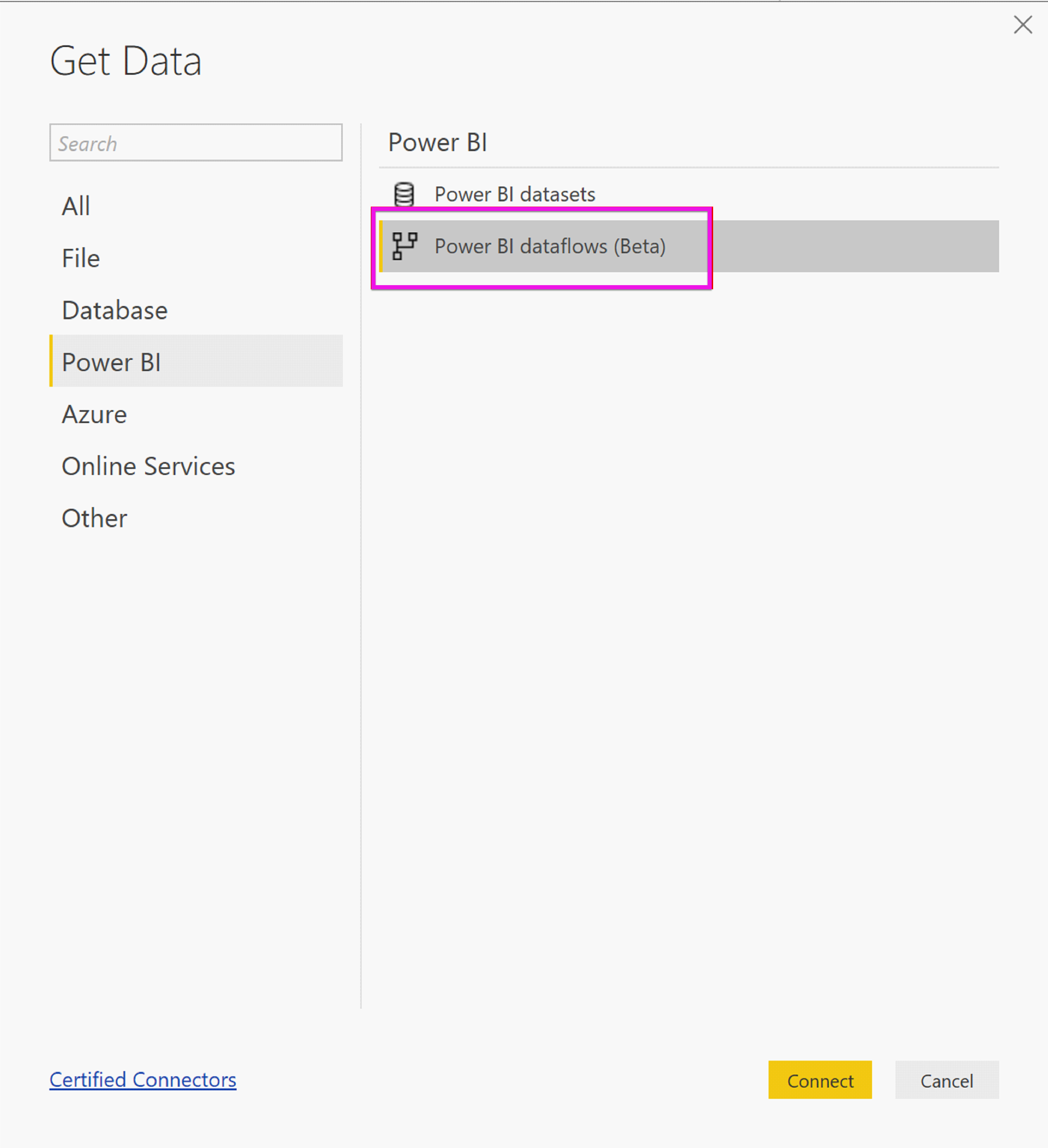 Power BI 데이터 흐름이 선택된 데이터 가져오기 창을 보여 주는 스크린샷.