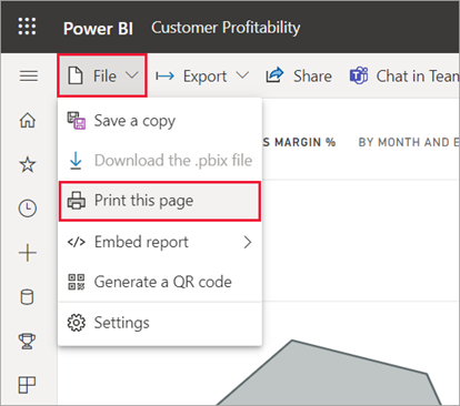 Power BI 서비스 파일 메뉴가 열려 있고 이 페이지 인쇄가 선택된 스크린샷.