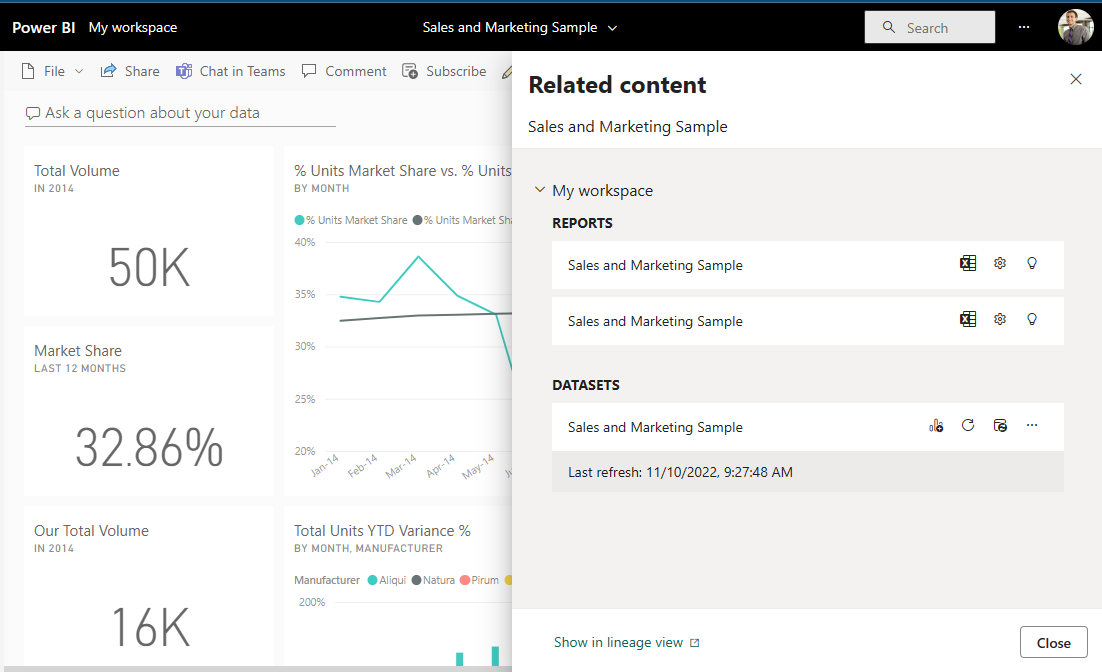 Power BI 서비스의 관련 내용 창을 보여 주는 스크린샷.