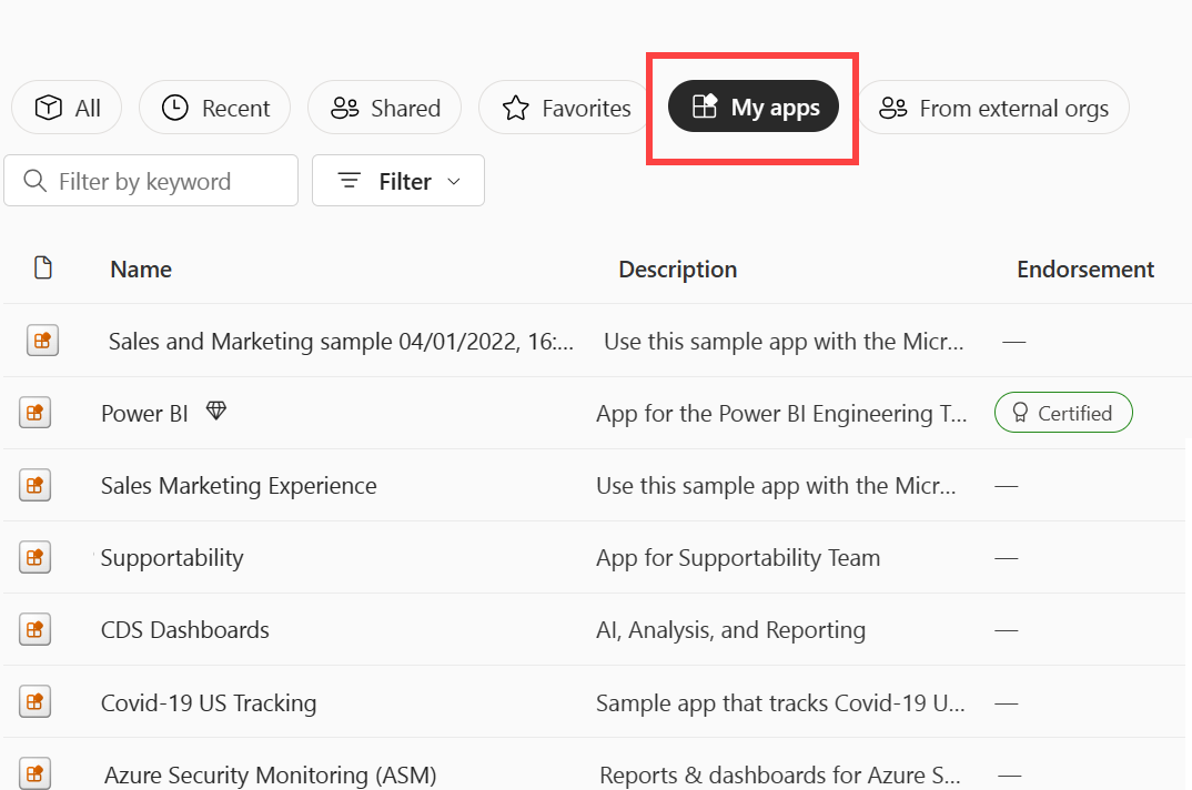 스크린샷은 Power BI 홈의 내 앱 섹션을 보여줍니다.