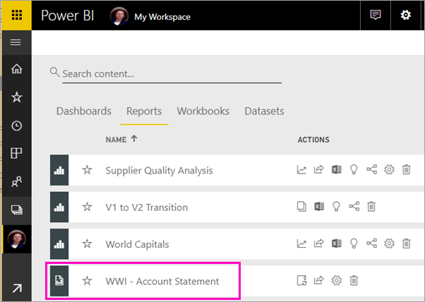 Power BI 서비스 작업 영역의 페이지를 매긴 보고서가 강조 표시된 스크린샷