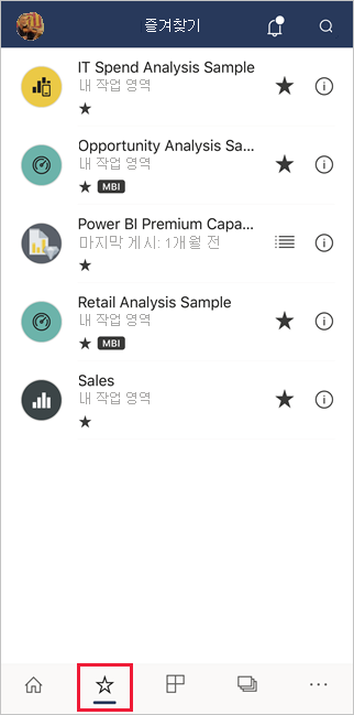 Power BI 모바일 앱의 즐겨찾기