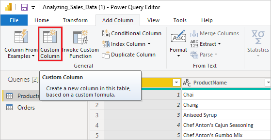 사용자 지정 열이 강조 표시된 Power Query 편집기 스크린샷