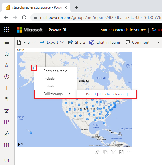 Power BI 교차 보고서 드릴스루 옵션을 보여 주는 스크린샷.