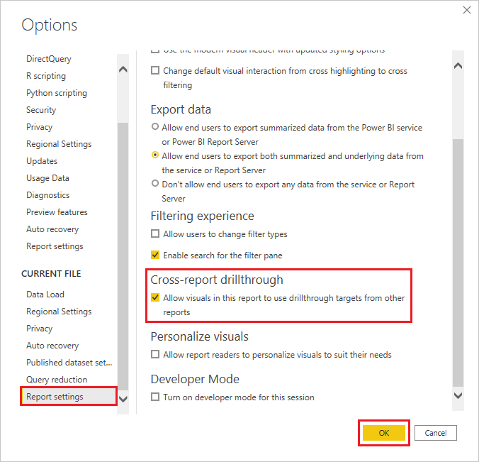 Power BI Desktop에서 교차 보고서 드릴스루를 사용하도록 설정하는 스크린샷.