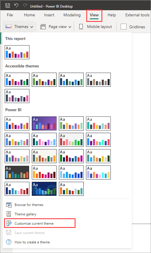 현재 테마 사용자 지정을 강조 표시하는 Power BI 테마 드롭다운 메뉴의 스크린샷.