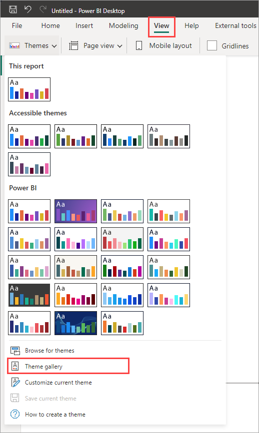 모든 테마 갤러리를 강조 표시하는 Power BI 테마 드롭다운 메뉴의 스크린샷.