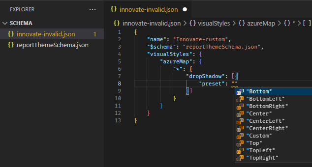 보고서 테마 스키마를 사용하여 사용 가능한 서식 옵션을 식별하는 스크린샷. Visual Studio Code 내의 자동 완성 메뉴에는 사용 가능한 서식 옵션이 표시됩니다.