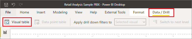 Power BI Desktop 리본의 데이터/드릴 탭에서 시각적 개체 테이블 기능을 찾을 수 있는 곳을 보여 주는 스크린샷