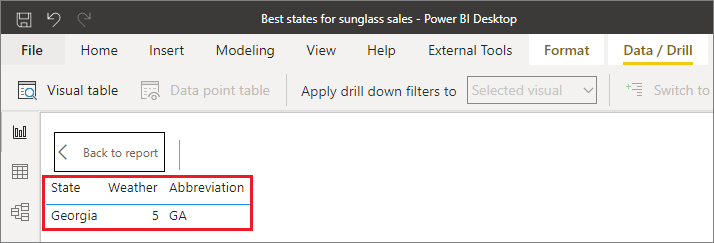 Power BI Desktop 캔버스 스크린샷. 선택된 열 요소의 모든 데이터가 하나의 테이블에 표시되어 있음.