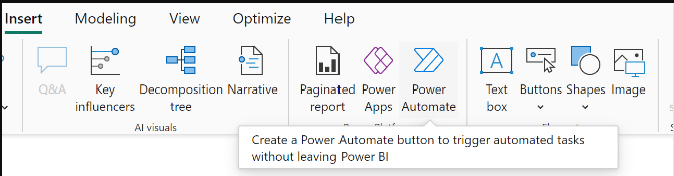 삽입 리본에서 Power Automate 아이콘을 선택하는 것을 보여 주는 스크린샷.